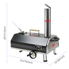 Portable 12" Wood-Fired Outdoor Pizza Oven with Rotating Turntable, featuring a sleek design, chimney, and side handles.