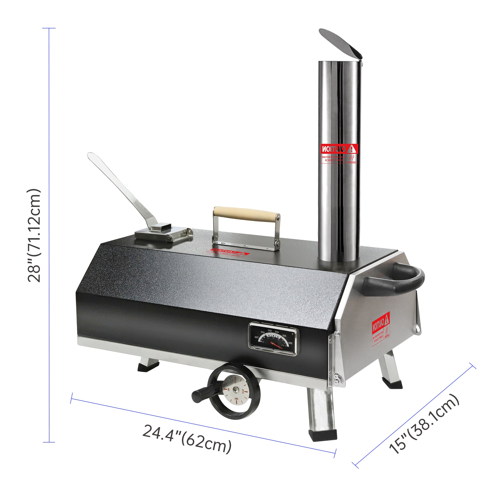 Portable 12" Wood-Fired Outdoor Pizza Oven with Rotating Turntable, featuring a sleek design, chimney, and side handles.