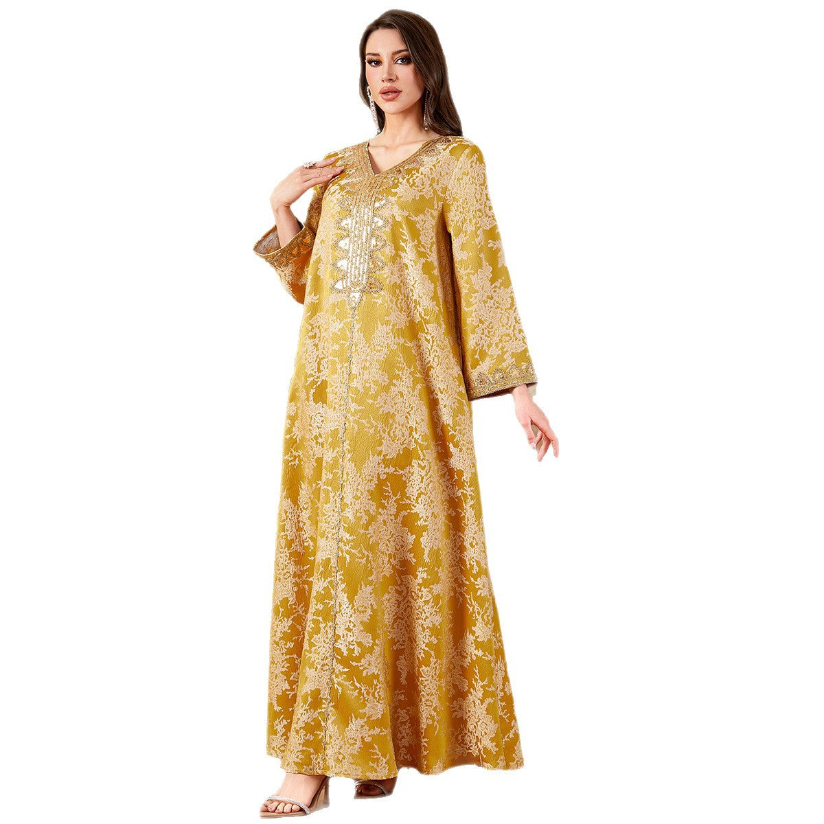 Muslim Long Robe Women's Embroidered Sequined V-neck Dress - Classyfashion24.com