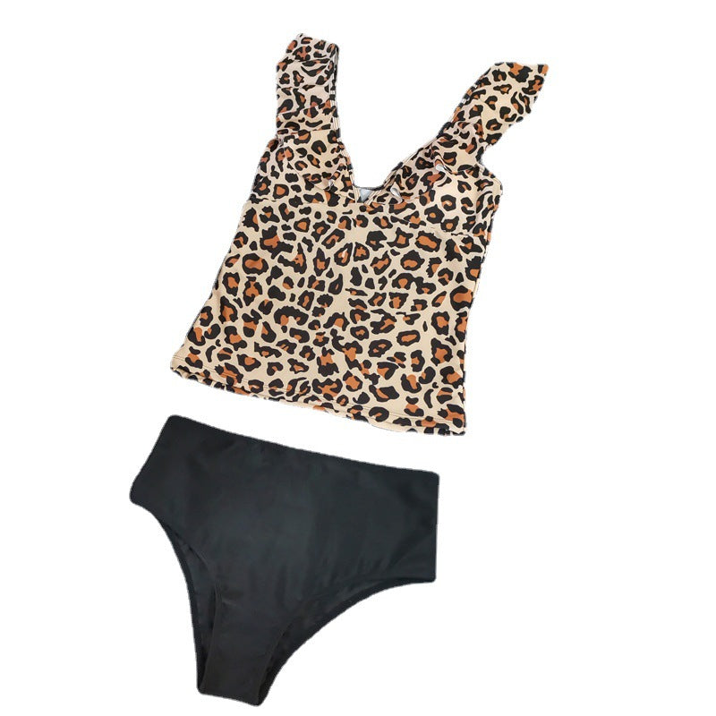 Leopard print V-neck flying edge split high waisted swimsuit - Classyfashion24.com