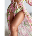 Printed long sleeved sunscreen three piece bikini set - Classyfashion24.com