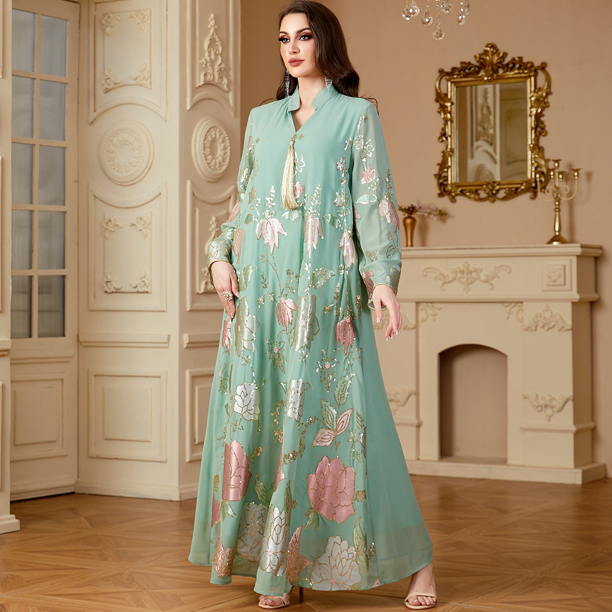 Muslim Middle Eastern Sequin Embroidered Women's Long Robe Fashion Tassel Dubai Dress - Classyfashion24.com