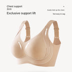 Black plus size minimizer bra lifting large breasts.