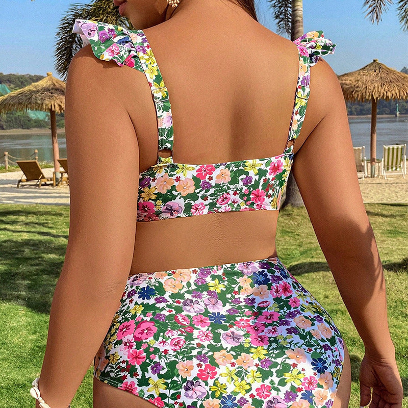 Plus Size Swimwear Floral Ruffle Push-Up Bikini Set for Women - Classyfashion24.com