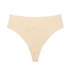 Beige seamless high-waist T-back underwear designed to prevent camel toe, ideal for sports and yoga.