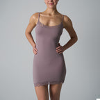Customised Lace Slip Dress by classyfashionz, featuring high elasticity, fitted camisole design, and lace trim in a soft mauv