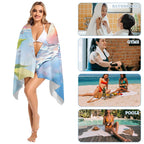 Plus Size Microfiber Beach Towel by classyfashionz, oversized 63"x32", shown in use at beaches, gyms, and pools.