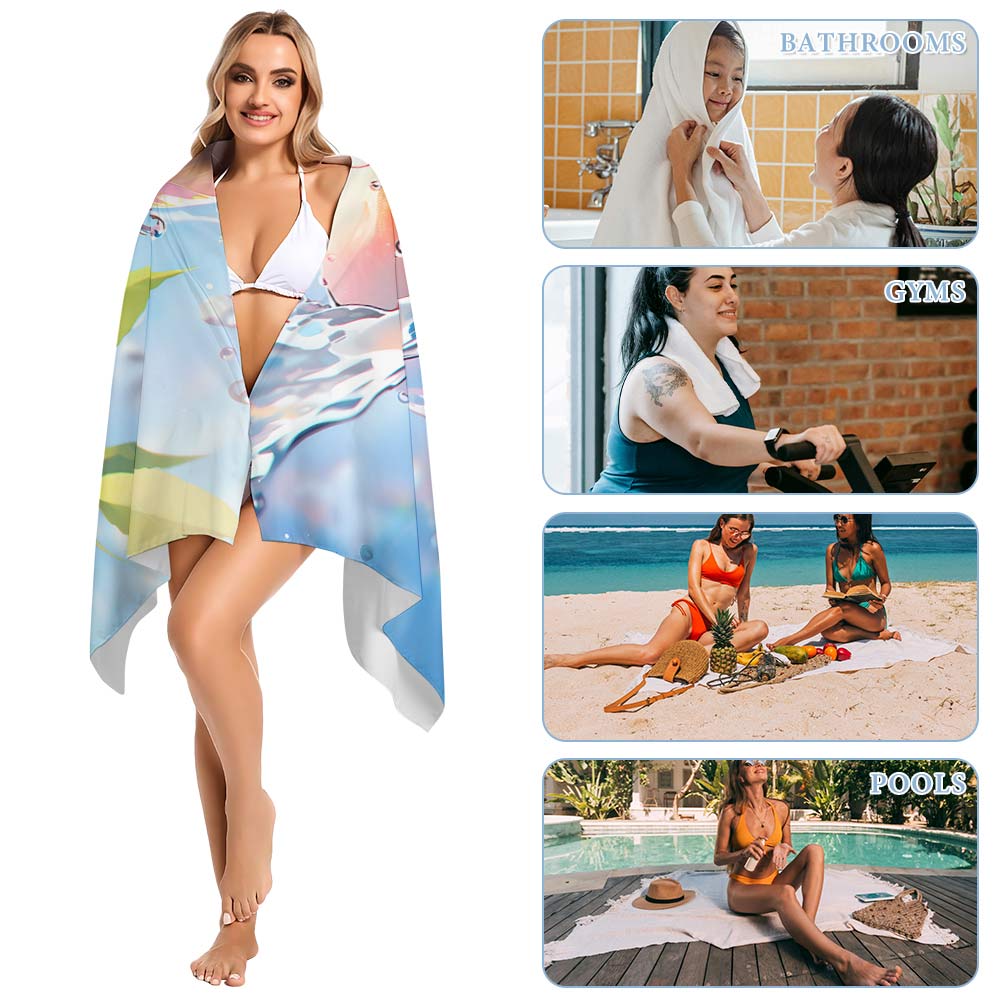Plus Size Microfiber Beach Towel by classyfashionz, oversized 63"x32", shown in use at beaches, gyms, and pools.