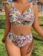Plus Size Swimwear Floral Ruffle Push-Up Bikini Set for Women - Classyfashion24.com