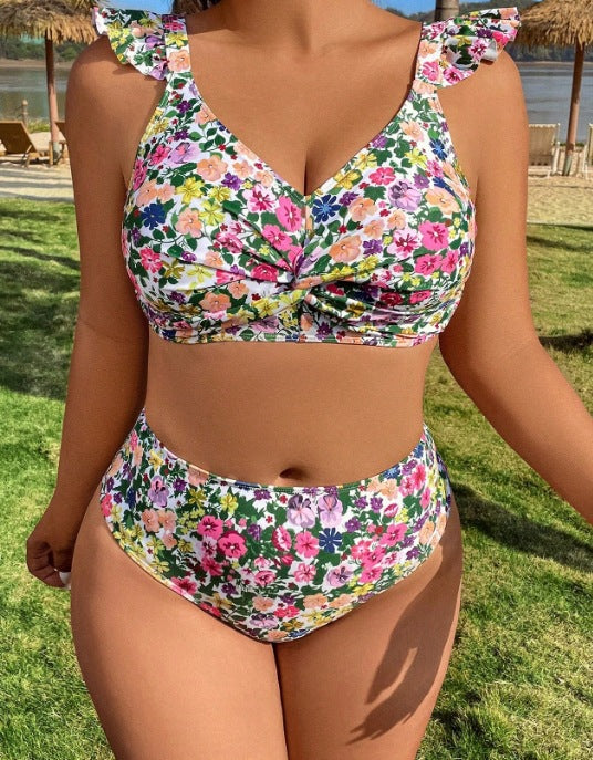 Plus Size Swimwear Floral Ruffle Push-Up Bikini Set for Women - Classyfashion24.com