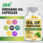 Close up of golden oregano oil softgel capsule rich in carvacrol.