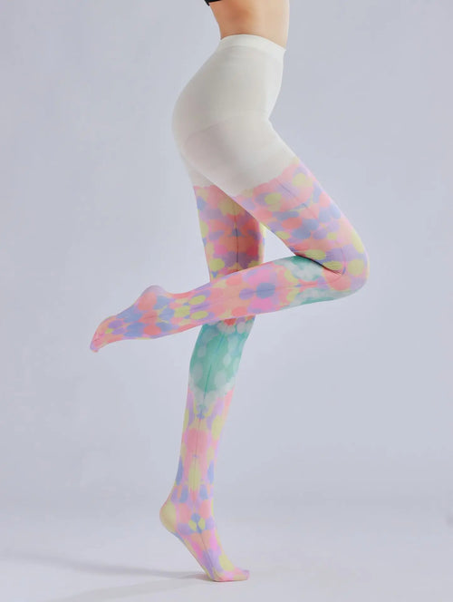 Heart Printed Pantyhose featuring a colorful block pattern in pastel shades, worn on a model's legs against a light backgroun