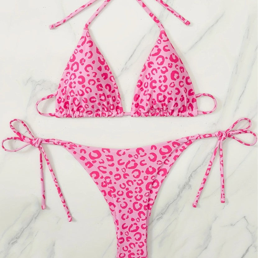 Pink Leopard Print Bikini Set for Women, Halter Neck Two-Piece Swimsuit with Elegant Design - Classyfashion24.com