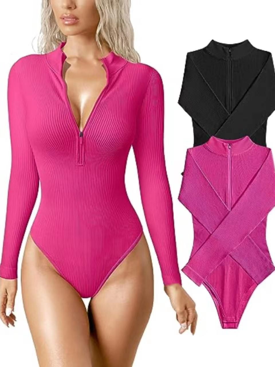 Ribbed Long Sleeve Bodysuit with Front Zip