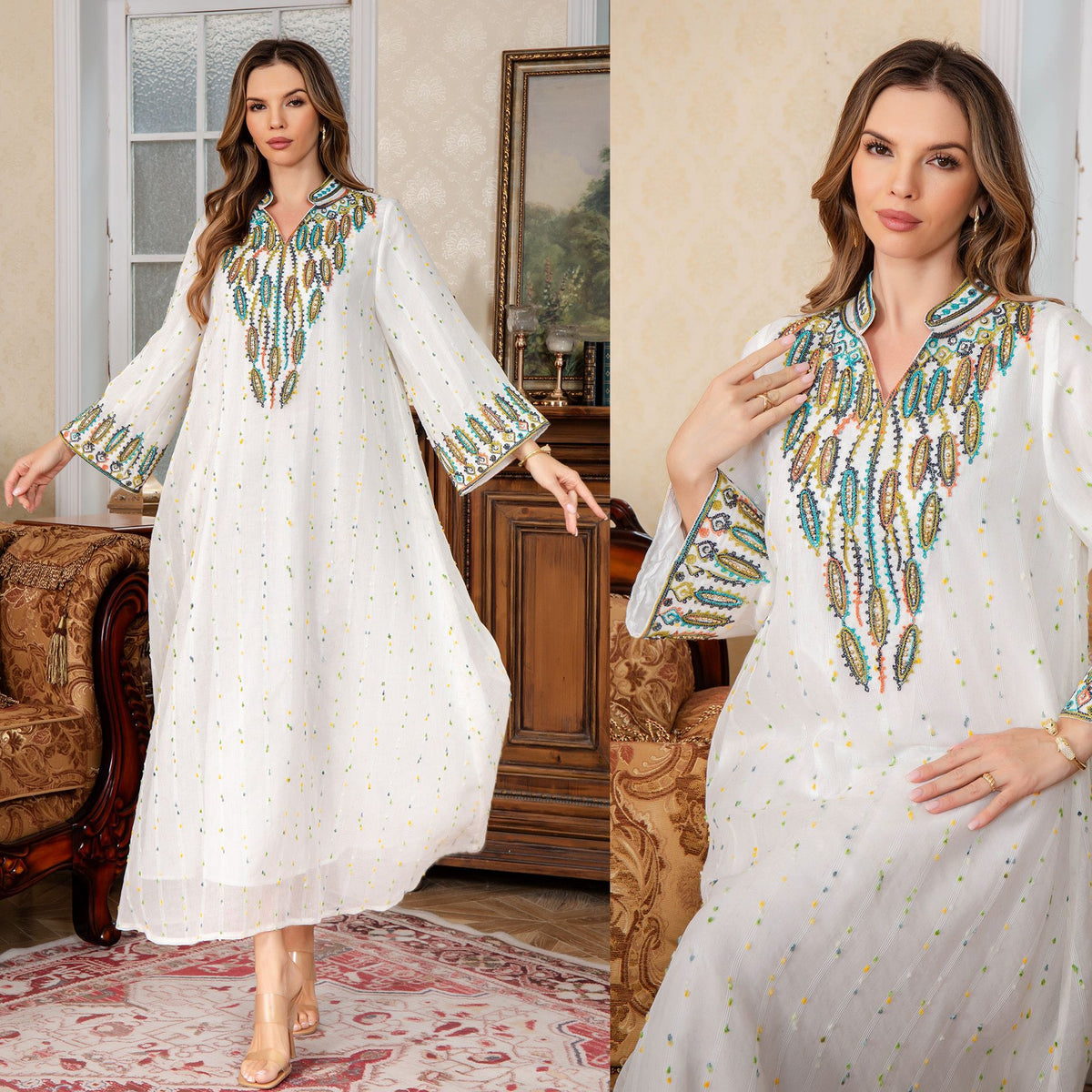 New Arrival Stock Middle Eastern Clothing Muslim Women's Long Robe Jalabiya Rope Embroidery Dubai - Classyfashion24.com