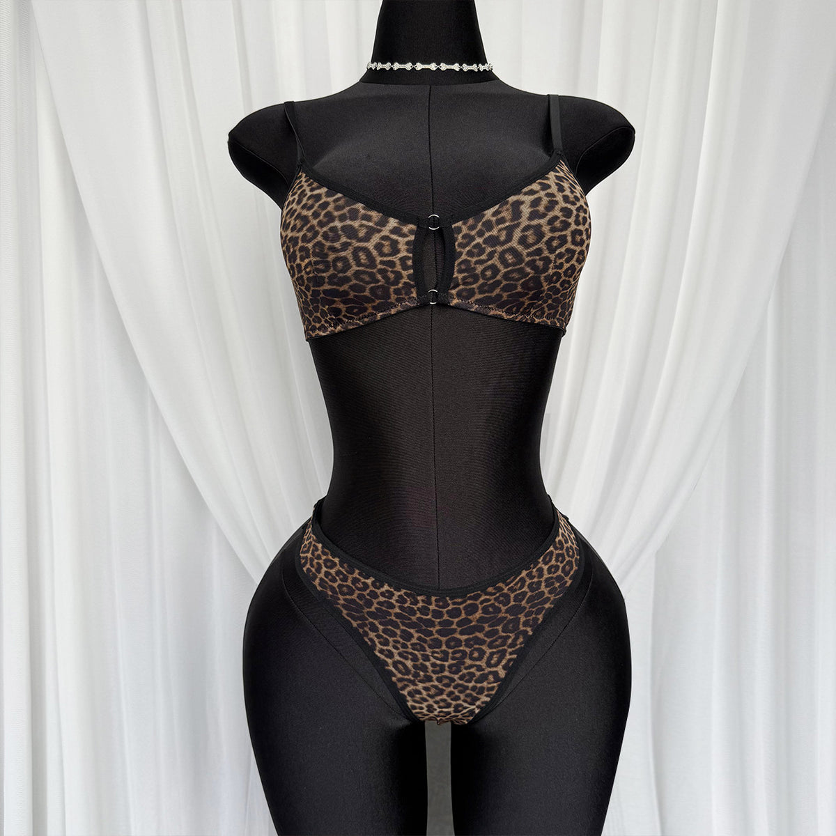 Mesh Leopard-Print Lingerie Set for Women