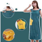 Wearable Coral Fleece Bath Towel Dress in teal with yellow pocket, featuring absorbent material and adjustable straps.