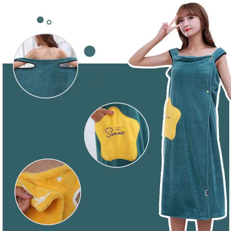 Wearable Coral Fleece Bath Towel Dress in teal with yellow pocket, featuring absorbent material and adjustable straps.