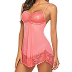 Sexy Lace Camisole in pink with lace trim, featuring adjustable straps and a flowing chiffon design for women.