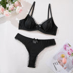 Cute 3-Piece Mesh Lingerie Set with Butterfly Knot Detail in black, featuring a bralette, thong, and delicate ruffle trim.