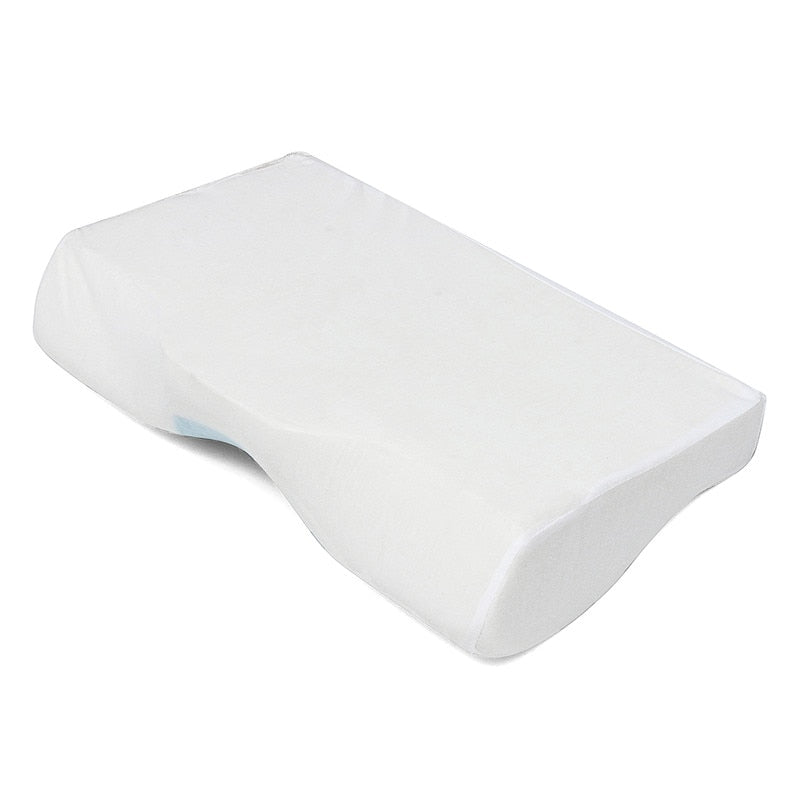 Orthopedic Memory Foam Cool Gel Pillow with a contoured shape for anti-snore and neck support. Soft white cover.