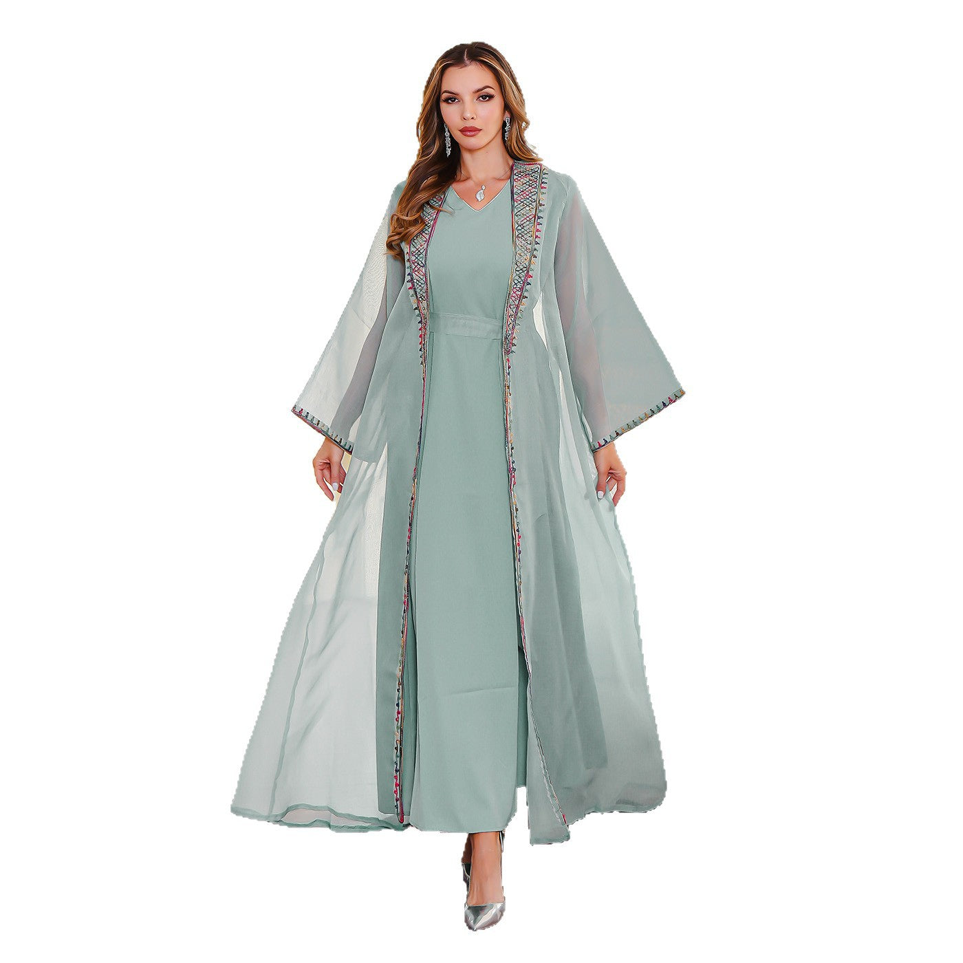 Muslim Two-Piece Dress Set Embroidered Mesh Long Dress Elegant Women's Maxi Dress - Classyfashion24.com