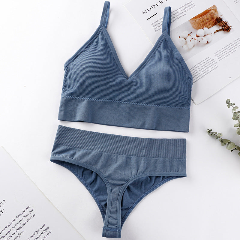 Blue seamless underwear set featuring a vest-style bralette and mid-waist thong, designed for comfort and breathability.