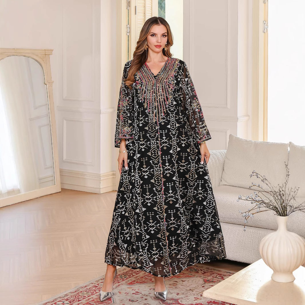Muslim Women's Dress Long Skirt Abaya Arabic Embroidered Robe - Classyfashion24.com