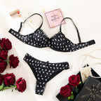 Cute 3-Piece Mesh Lingerie Set with Butterfly Knot Detail featuring a black polka dot bra, matching thong, and accessories.