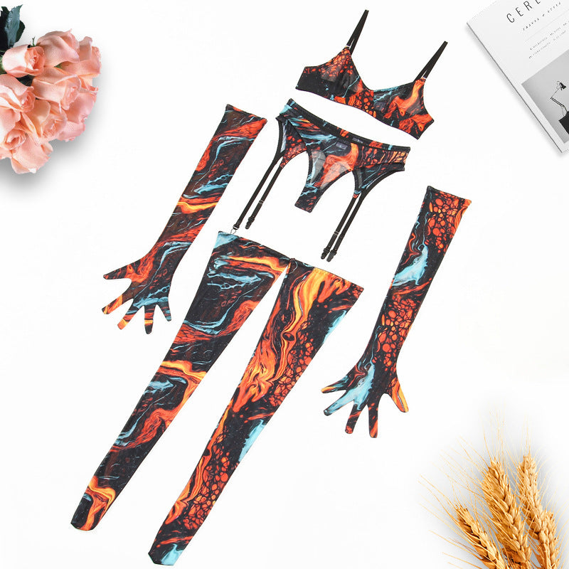 Gathering Mesh Sexy Lingerie – Tie-Dye Colorful Five-Piece Set for Women