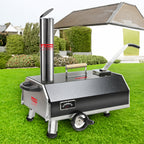 Portable 12" Wood-Fired Outdoor Pizza Oven with rotating turntable, stainless steel body, chimney, and temperature gauge on g