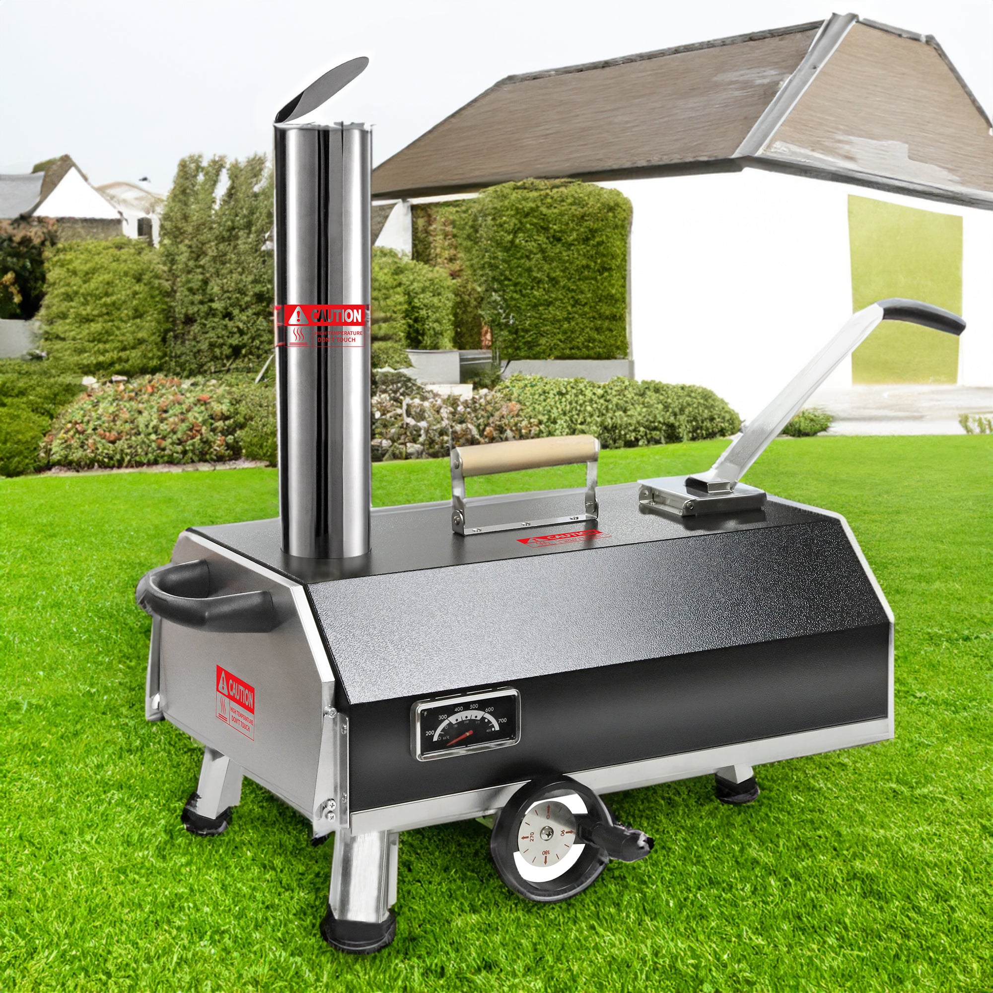 Portable 12" Wood-Fired Outdoor Pizza Oven with rotating turntable, stainless steel body, chimney, and temperature gauge on g
