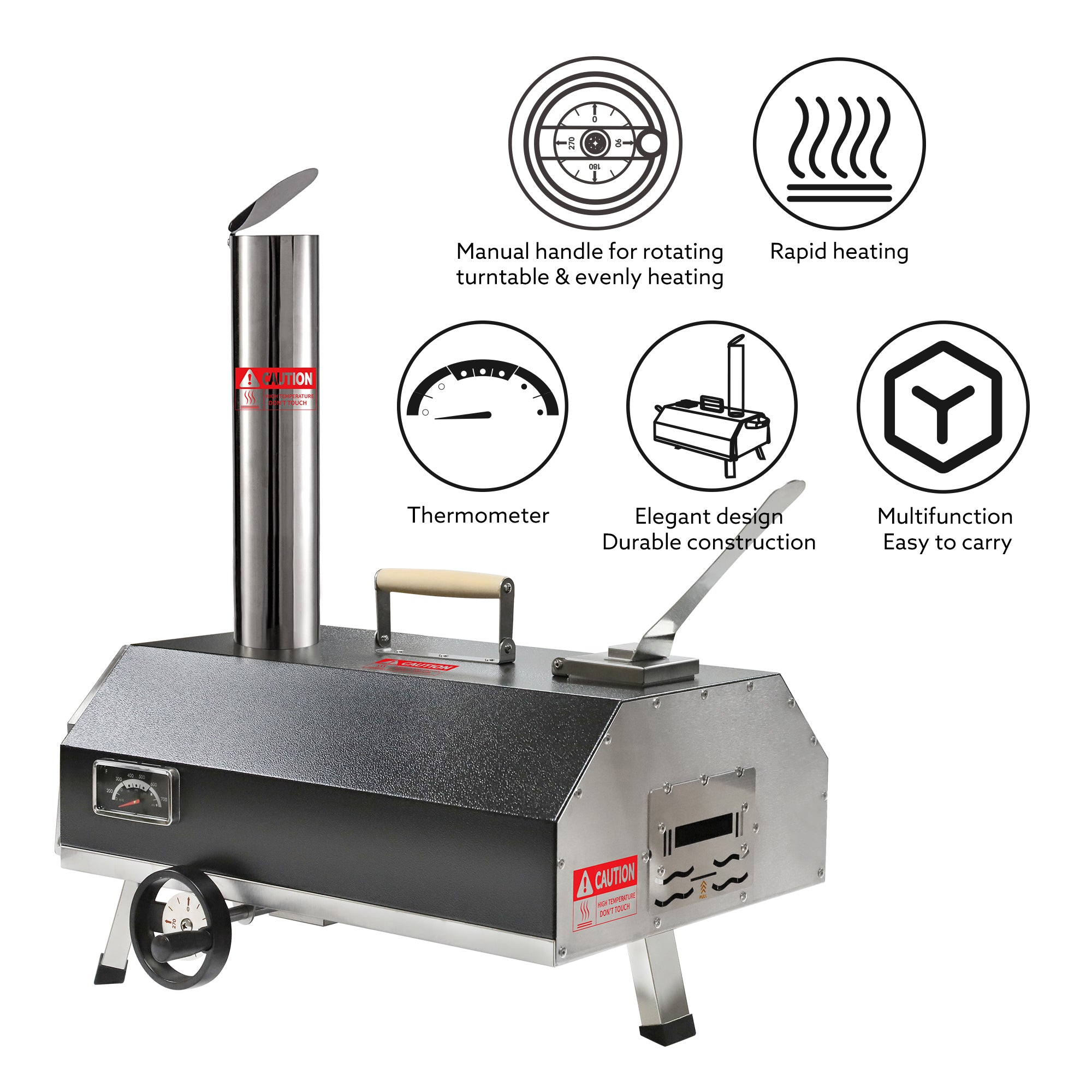 Portable 12" Wood-Fired Outdoor Pizza Oven with Rotating Turntable, featuring a chimney, thermometer, and durable design.