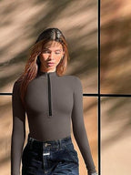 Ribbed Long Sleeve Bodysuit with Front Zip - Classyfashion24.com
