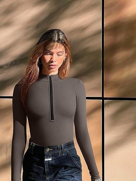 Ribbed Long Sleeve Bodysuit with Front Zip - Classyfashion24.com