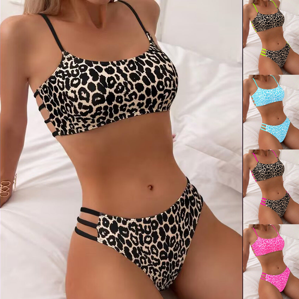 Leopard print multi rope hollow swimsuit bikini - Classyfashion24.com