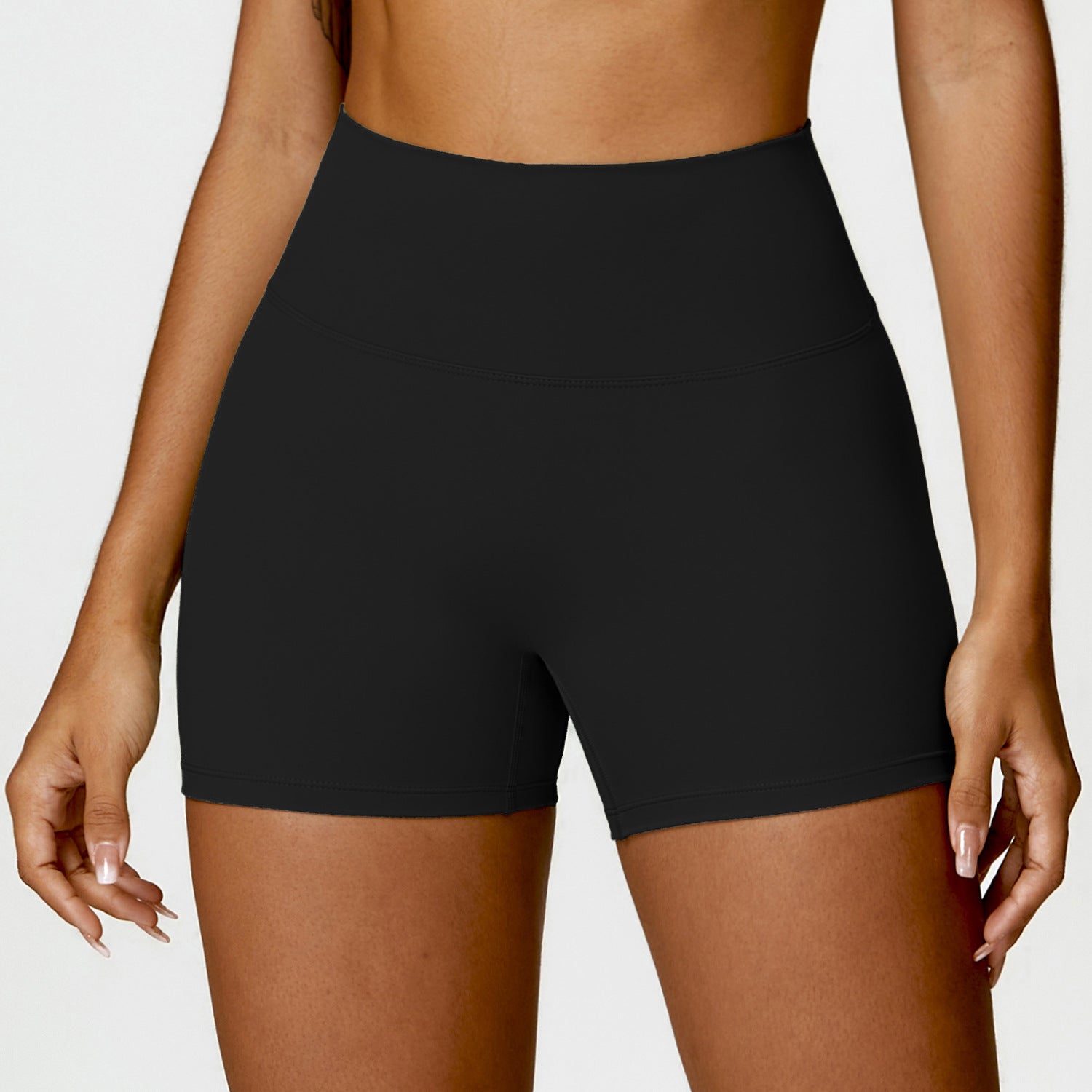 High-Waisted Tummy Control Yoga Shorts in black, designed for fitness with a flattering fit and lift.