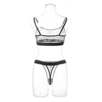 Sexy Women's Mesh Printed Underwear Bra Sex Set featuring a sheer mesh bra and matching thong, displayed on a mannequin.