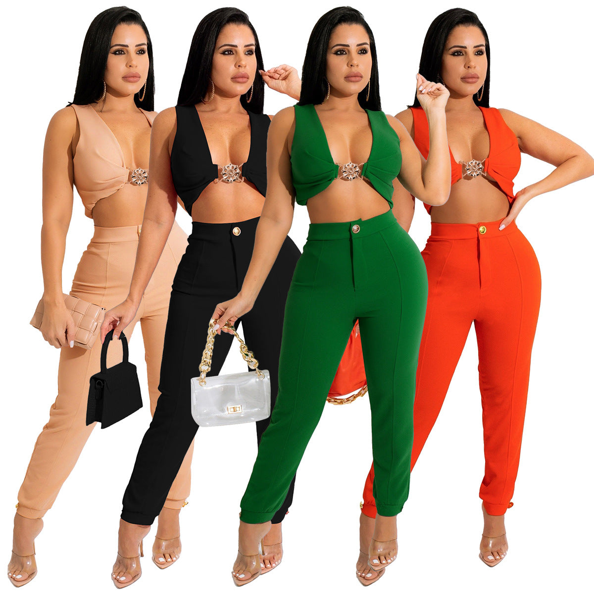 Solid color sleeveless vest leggings set - Classyfashion24.com