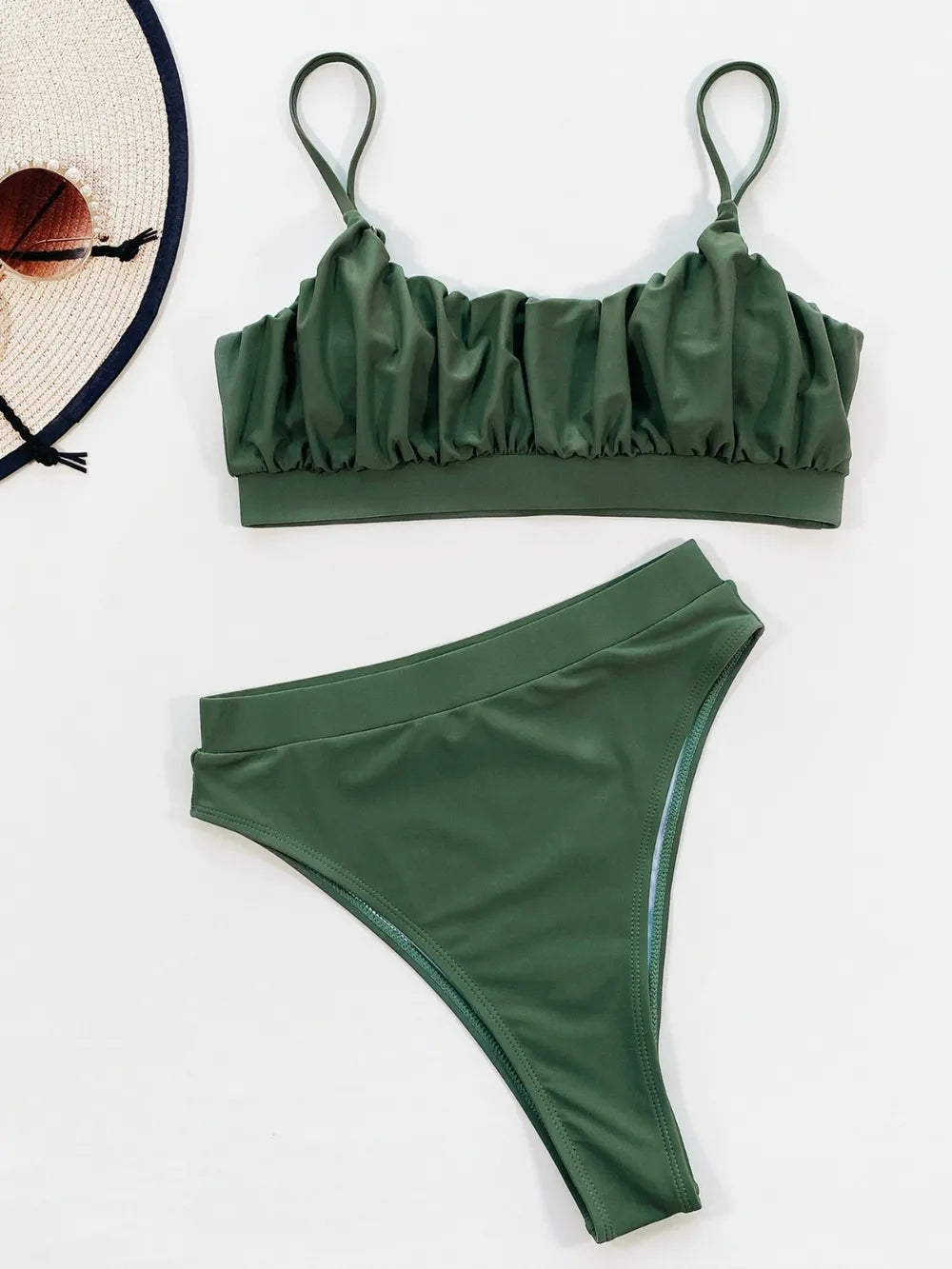 Adjustable Strap Ruched Two-Piece Swim Set – Black | Army Green