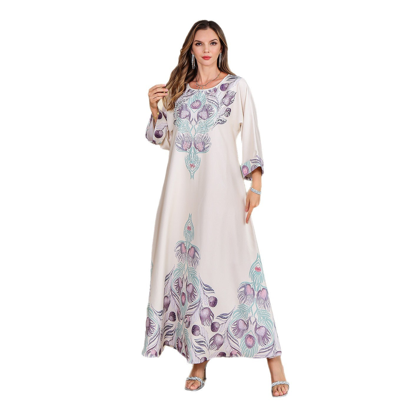 Muslim Rhinestone Printed Long Robe Women's Elegant Middle Eastern Dress Dubai Turkish Abaya Long Dress - Classyfashion24.com