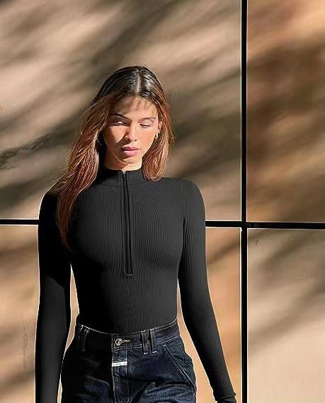 Ribbed Long Sleeve Bodysuit with Front Zip