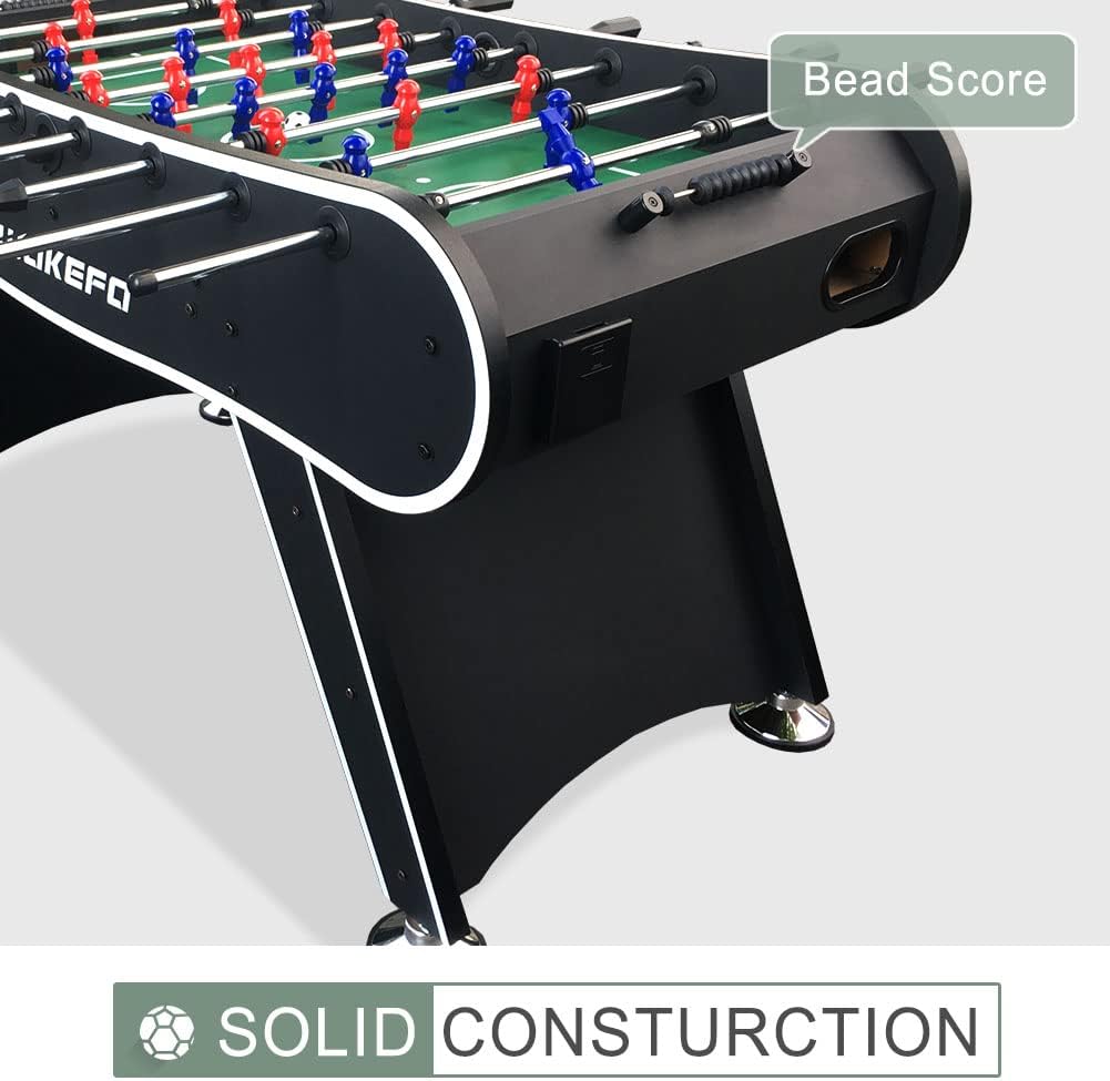 Professional 56-Inch Foosball Table with bead scorekeeper, featuring solid construction and vibrant player figures in blue an