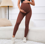 High waist maternity leggings by classyfashionz in brown, designed for early pregnancy with belly support and moisture-wickin