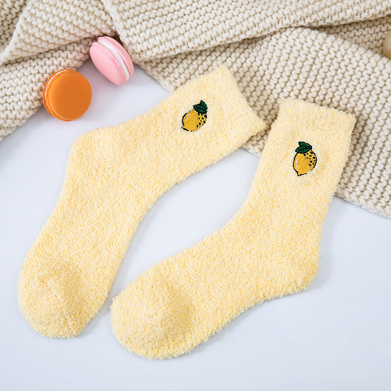 Coral velvet socks embroidered with fruits