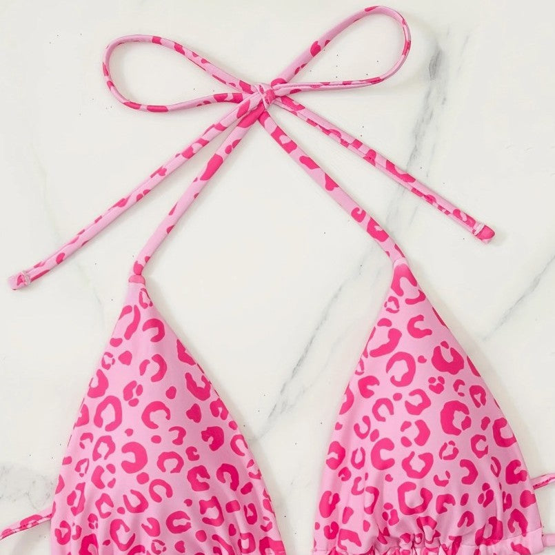 Pink Leopard Print Bikini Set for Women, Halter Neck Two-Piece Swimsuit with Elegant Design - Classyfashion24.com