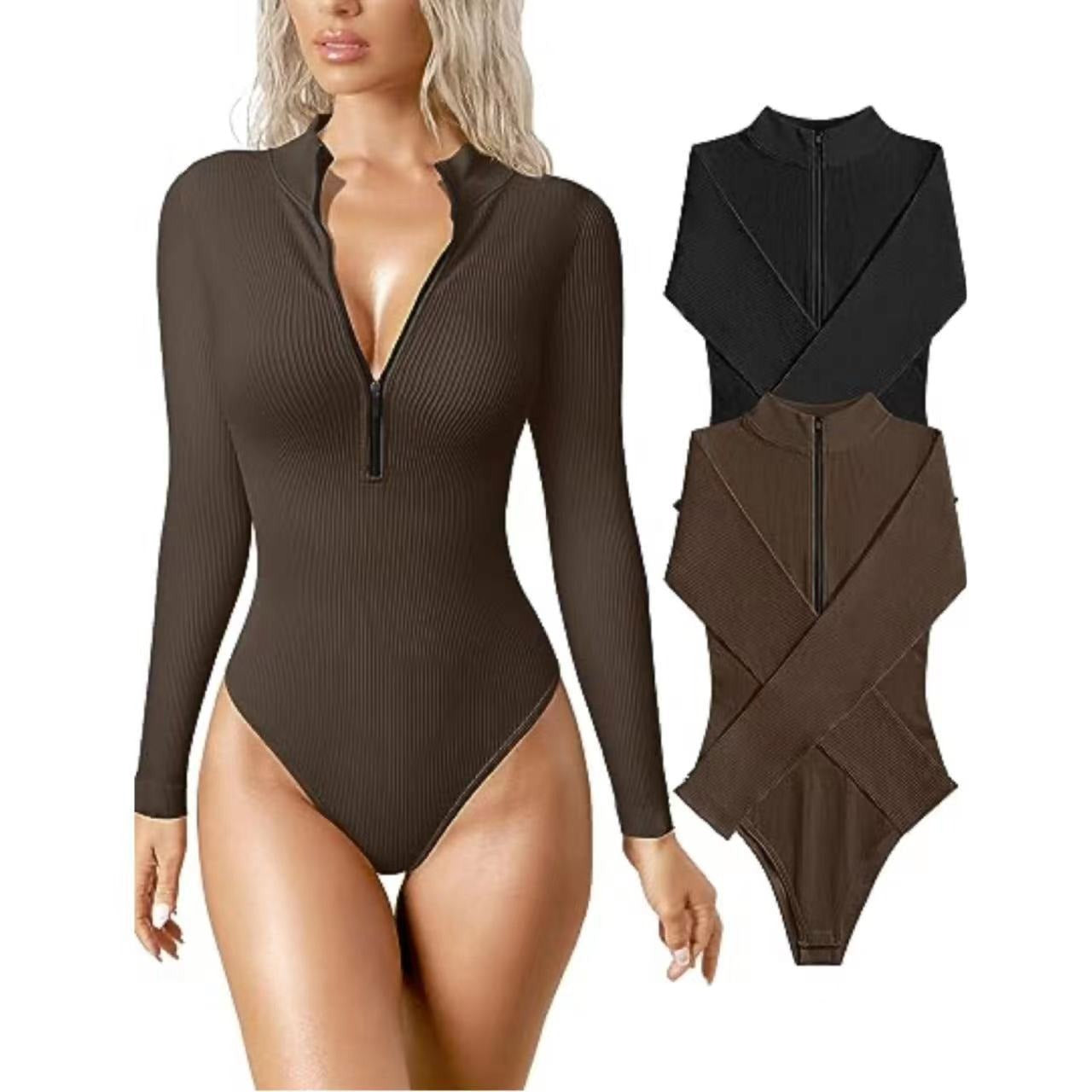 Ribbed Long Sleeve Bodysuit with Front Zip