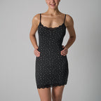 Customised Lace Slip Dress by classyfashionz featuring a fitted design, lace trim, and high elasticity in a black floral patt