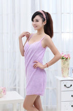 Fashion Wearable Magic Bath Towel in light purple, styled as a spa robe with adjustable straps, perfect for beach or home use