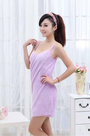 Fashion Wearable Magic Bath Towel in light purple, styled as a spa robe with adjustable straps, perfect for beach or home use